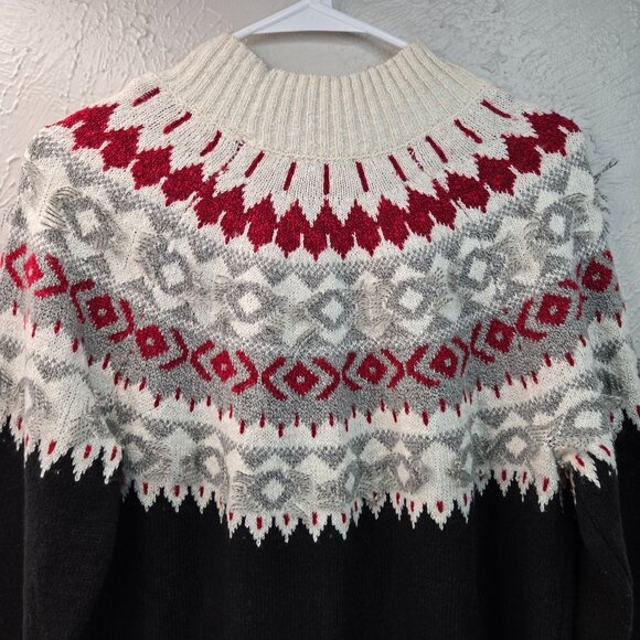 J. Jill Fair Isle Pullover Sweater M Black White Nordic Holiday Long Sleeve Top - Picture 10 of 12